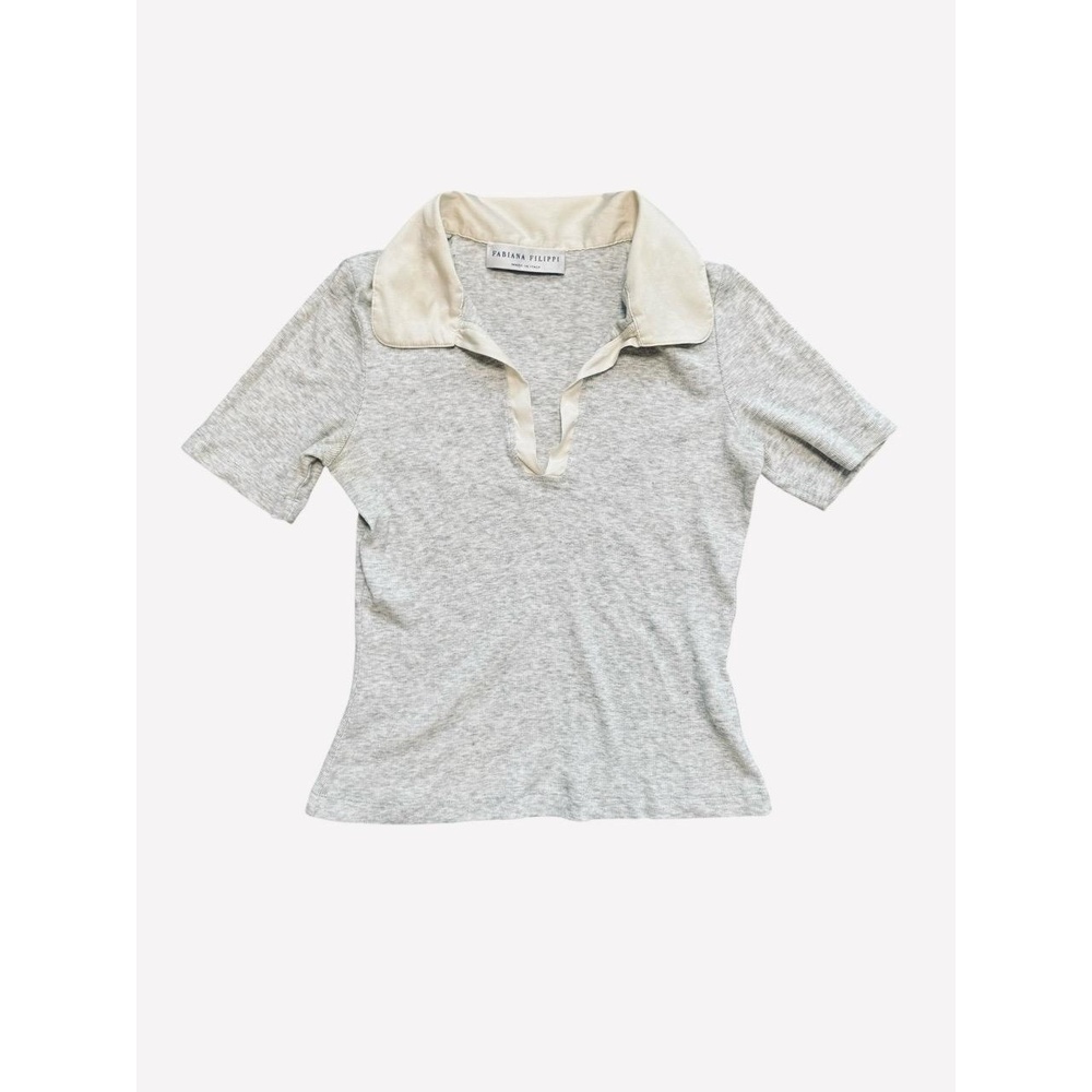 FABIANA FILIPPI Light Grey Cream Short Sleeve V-Neck Women's Polo Shirt S